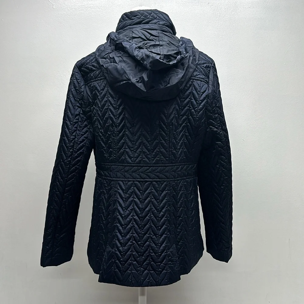 Kate Spade Jacket Coat Chevron Quilted Full Zip Hooded Navy Blue Size M Medium